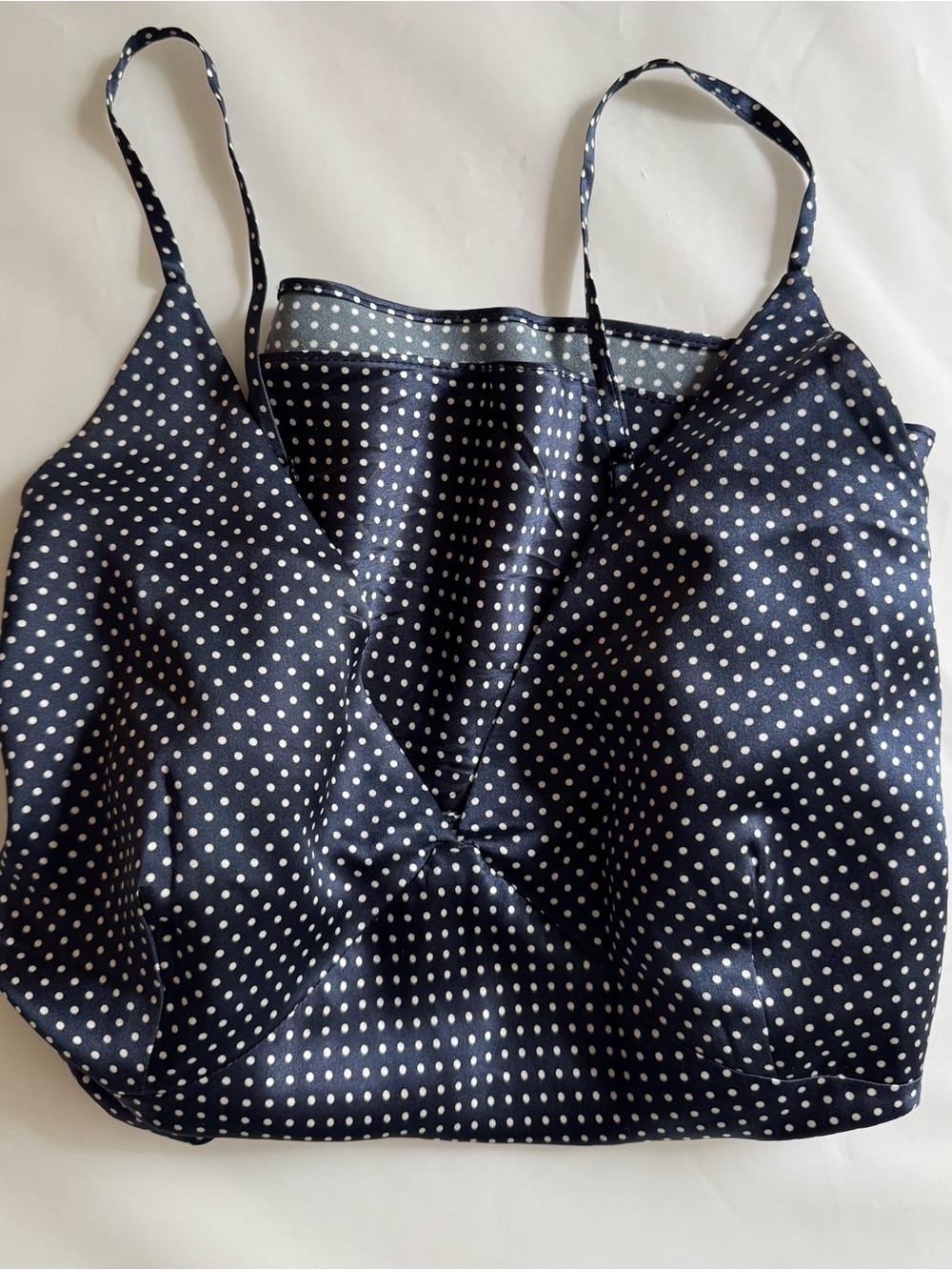 Reformation Navy and White Polka Dot Satin Cami